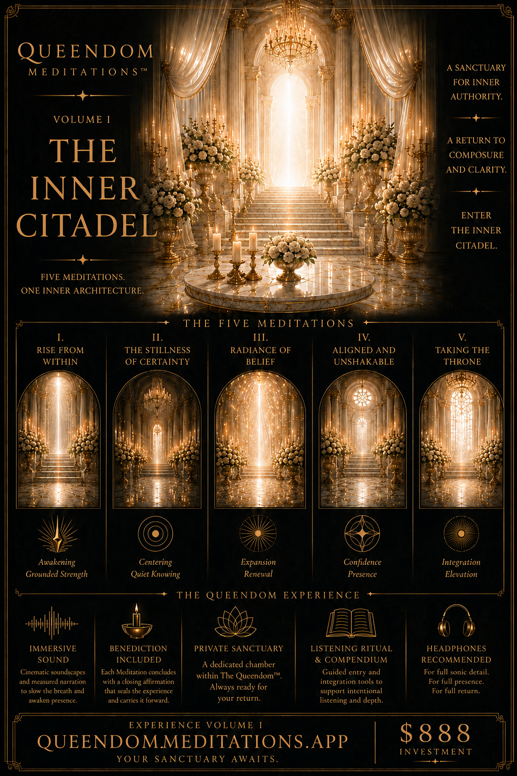 Volume I — The Inner Citadel infographic with the five Queendom Meditations